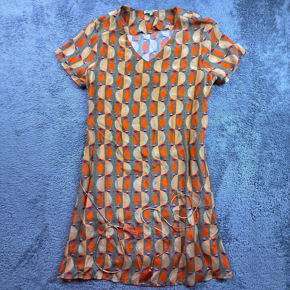 BENARES Women S Retro 70s Geometric Print Shift Dress Short Sleeve Viscose